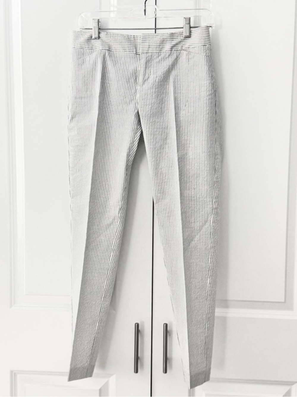 Ecru Blue White Striped Ankle Pants Coastal Seersucker Preppy Coastal Style